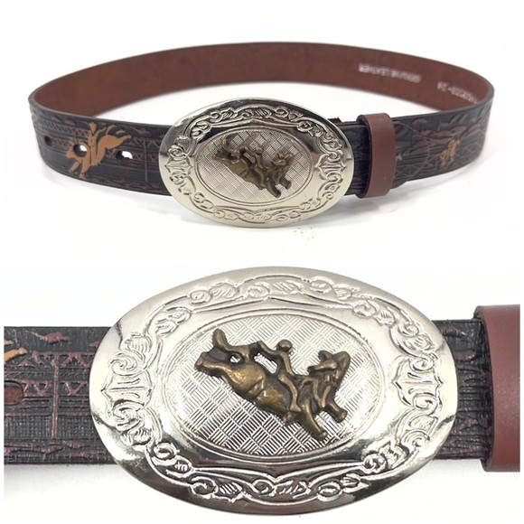Nocona Western Rodeo Tooled Leather Belt Boys Size 24 Big Buckle Bull Rider - Picture 1 of 13